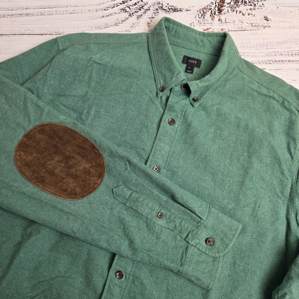 J. Crew Shirt Men XL Green Chamois Leather Elbow Patch Button Down Heavy Cotton‎